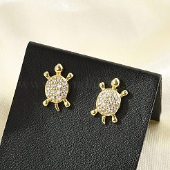 真鍮マイクロペーブクリアキュービックジルコニアスタッドピアス  鉛フリー＆カドミウムフリー  長持ちメッキ  ラックめっき  18KGP本金メッキ  カメ  13x7.5mm&nbsp;EJEW-R016-26G-03