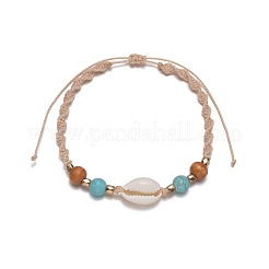 Adjustable Natural Cowrie Shell & Round Wood & Synthetic Turquoise Beaded Cotton Cord Braided Anklets for Women&nbsp;FS-WG3A61A-01
