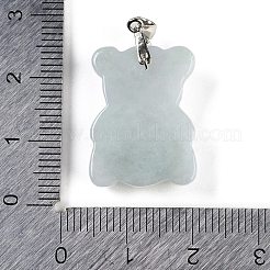 天然ジェダイトの彫刻ペンダント  ロジウムメッキのベアチャーム、スターリングシルバーのスナップオンベイル925個  25x16x6mm  穴：3.5x3mm&nbsp;G-F768-02