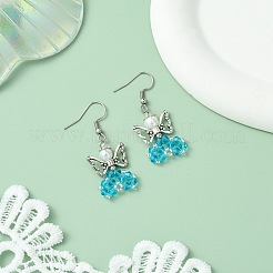 ガラスダングルピアス  合金ビーズと304ステンレススチールのピアスフック付き  天使  シアン  44~45x18mm&nbsp;EJEW-MZ00319-01