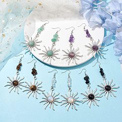 天然石ダングルピアス  304ステンレススチールのピアスフックと合金の留め具付き  太陽  96x46.5mm&nbsp;EJEW-JE05766