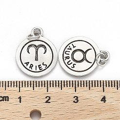 真鍮チャームセット  丸カン付き  長持ちメッキ  12星座/黄道十二宮サイン付きフラットラウンド  アンティークシルバー  18.5x15x2mm  穴：3.6mm  1個/星座  12個/セット&nbsp;KK-I668-01AS-M