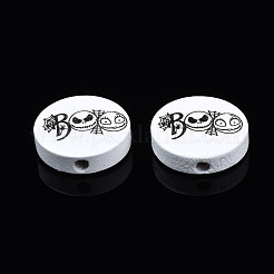 ハロウィンプリント天然木ビーズ  単語ブーとフラットラウンド  ブラック  19~20x5.9mm  穴：2~2.2mm&nbsp;WOOD-T021-85