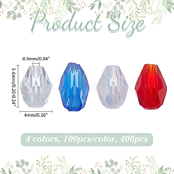 400個4色透明ガラスビーズ  ティアドロップ  多面カット  ミックスカラー  5x4mm  穴：0.9mm  100個/カラー&nbsp;EGLA-ME0001-05
