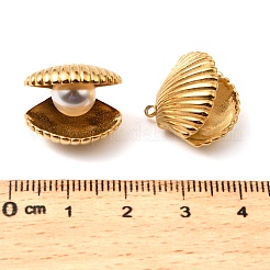 304ステンレススチール、ABS模造真珠ペンダント付き  シェル形状  ゴールドカラー  16.5x17.5x14mm  穴：1.5mm&nbsp;STAS-Z145-19G