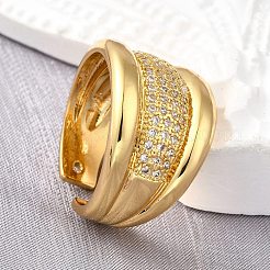 Brass Micro Pave Cubic Zirconia Adjustable Open Cuff Rings for Women&nbsp;RJEW-K292-03G