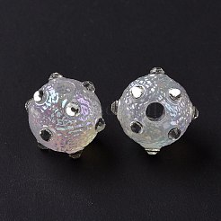 UVメッキレインボー虹色のテクスチャードアクリルでこぼこビーズ  透明アクリルラインストーン付き  ラウンド  ホワイト  17x14x13.5mm  穴：3.6mm&nbsp;OACR-E007-01F
