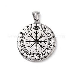 304ステンレスペンダント  valknut & helm of aweのフラットラウンド  アンティークシルバー  42x37x6.5mm  穴：4x8.5mm&nbsp;STAS-J039-05AS