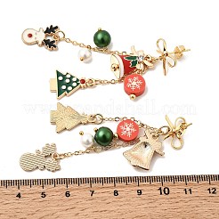 クリスマステーマの合金エナメルダングルスタッドピアス  手作りのポリマー粘土、貝殻パール、ガラスパール、真鍮アズキチェーン付き  ゴールドカラー  69mm&nbsp;EJEW-TA00688