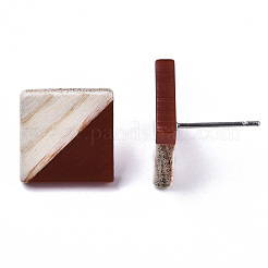 不透明な樹脂と木製のスタッドピアス  304ステンレスピン付き  菱形  ココナッツブラウン  17x18mm  ピン：0.7mm&nbsp;EJEW-N017-005A-B03