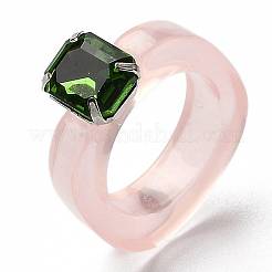 樹脂フィンガー指輪  プラスチックラインストーン付き  長方形  プラチナ  ピンク  USサイズ6  内径：17mm&nbsp;LS-RJEW-Z007-03C