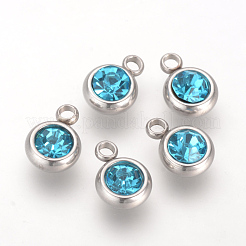 ステンレススチールラインストーンチャーム201個  フラットラウンド  アクアマリン  8.5x6x3mm  穴：1.5mm&nbsp;X-STAS-S068-12