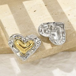 304ステンレススチールツートンスタッドピアス  18KGP本金メッキ＆プラチナ  ハート  23x27mm&nbsp;EJEW-A124-01A