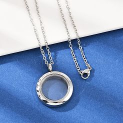 304 Stainless Steel Visible Flat Round Locket Pendant Pet Urn Ashes Necklaces&nbsp;LS-NJEW-S455-08P