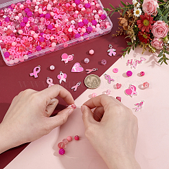 ピンクのリボンをテーマにしたDIYジュエリー製作キット  アクリル、ABSプラスチック、ポリマー粘土ビーズを含む  合金エナメルチャーム  樹脂とランプワークビーズ  ピンク  8mm  穴：2mm&nbsp;DIY-PH0032-28