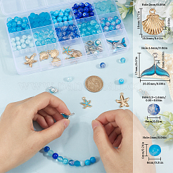 オーシャンシリーズ DIY ジュエリー製作キット  合金ペンダント入り  ガラスビーズ  ディープスカイブルー  23x19.5x2.5mm  穴：1.6mm&nbsp;DIY-SC0027-93
