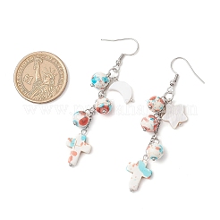 304 Stainless Steel Synthetic Turquoise Cross with Moon & Star Dangle Earrings&nbsp;EJEW-JE06516-01