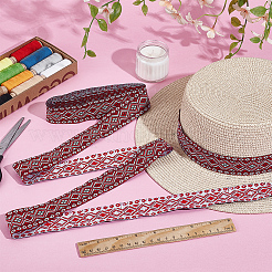 エスニックスタイルのポリエステル菱形刺繍リボン  レッド  1-1/4インチ（32mm）  約7.66ヤード（7m）/ pc&nbsp;OCOR-WH0109-005