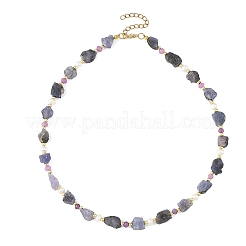 Raw Rough Natural Tanzanite & Faceted Rondelle Dyed Purple Malaysia Jade & Pearl Beaded Necklaces for Women&nbsp;NJEW-JN06589