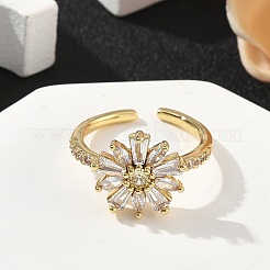Flower Brass Micro Pave Cubic Zirconia Cuff Rings for Women&nbsp;RJEW-A069-01A-G
