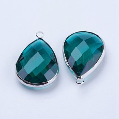 真鍮製ガラスチャーム  多面カット  ティアドロップ  プラチナ  ティール  29x19x7mm  穴：2.5mm&nbsp;GLAA-G054-01P