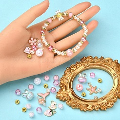DIYかわいいストレッチブレスレット作りキット  模造真珠とキャンディーのアクリルビーズを含む  ウサギ＆サクラ＆ストロベリー＆ホエールテール＆ダイヤモンドアロイエナメルペンダント  ピンク  0.8mm  約10.93ヤード（10m）/ロール  1roll&nbsp;DIY-YW0005-77B