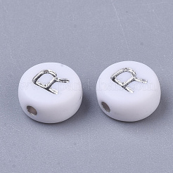 メッキアクリルビーズ  シルバーライン入り  水平穴  アルファベット付きフラットラウンド  ホワイト  文字.r  7x4mm  穴：1.2mm  約3600個/500g&nbsp;PACR-R243-04R