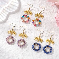 リング染め＆加熱処理された天然瑪瑙のダングルイヤリング3組の蝶結び  304ステンレススチールイヤリング金具付き  ゴールドカラー  ミックスカラー  48x20mm&nbsp;EJEW-JE06839