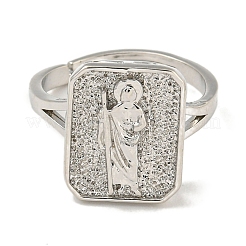 Rectangle with Saint Rack Plating Brass Adjustable Rings for Women&nbsp;RJEW-I105-03P-03