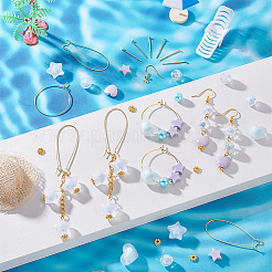 イヤリングワイヤーDIYキット  アクリルビーズを含む  鉄平頭ピン  真鍮のフープピアスのセッティング  ブルー  9.5mm  穴：2mm&nbsp;DIY-PH0030-22B