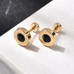 304ステンレススチールフラットラウンドスタッドピアス  ラインストーン付き  ゴールドカラー  ジェット  8mm&nbsp;EJEW-F396-01G-01
