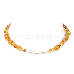 Natural Pearl Rice and Natural Amber Chip Beaded Necklaces&nbsp;NJEW-JN05883