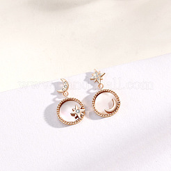 Natural Shell Moon & Star Asymmetrical Earrings with Clear Cubic Zirconia&nbsp;MOST-PW0001-061G