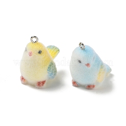 フロッキー不透明樹脂ペンダント  鳥のチャーム  プラチナ鉄ループ付き  ミックスカラー  25.5~26x17x26.5~27.5mm  穴：2mm&nbsp;RE-CBA098D-02P