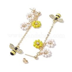 春の花と蜂の合金エナメルダングルスタッドピアス  女性用ガラスビーズタッセルイヤリング  ゴールドカラー  69x22mm&nbsp;EJEW-TA00498