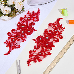 花の刺繍、花のアップリケを縫い付ける  ラインストーンとガラスシードビーズ付き  ウェディングドレスの縫製工芸品の装飾  チョンサム  レッド  130x340x6mm&nbsp;PATC-WH0014-72