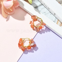 天然赤瑪瑙チップ編み込みフープピアス  女性用304ステンレススチールワイヤーラップジュエリー  25~27x28~33x7~9mm  ピン：0.6mm&nbsp;EJEW-JE04940-18