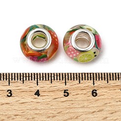 ヨーロッパのビーズの中にフルーツポリマー粘土を入れた樹脂  真鍮の芯を持つ大きな穴のビーズ  ロンデル  プラチナ  ミックスカラー  14x9mm  穴：5mm&nbsp;RESI-H037-01A