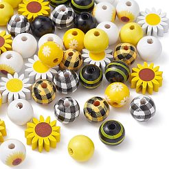 50Pcs 10 Styles Sunflower Theme Printed Wood Beads&nbsp;WOOD-CJ0001-78