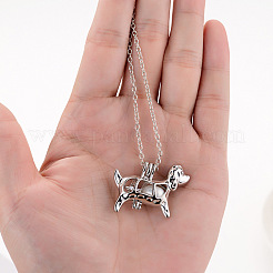 合成発光石を使用した合金犬ケージペンダントネックレス  女性のための暗闇で光るジュエリー  シアン  17.72インチ（45cm）&nbsp;LUMI-PW0001-012P-A