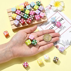 UVメッキ不透明アクリルヨーロピアンビーズ  タータン模様のキューブ  大穴ビーズ  ミックスカラー  14x14x14mm  穴：3.5mm&nbsp;OACR-CJZ0001-02