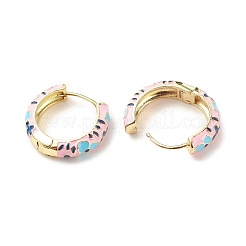 フラワー エナメル フープ イヤリング  女性のための金メッキ真鍮ヒンジ付きイヤリング  ピンク  20x22x5mm  ピン：0.9mm&nbsp;EJEW-G290-02G-B