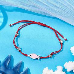 女性と男性のためのナイロン編みビーズブレスレット  304ステンレススチールエナメルチャーム付き  魚と星  ミックスカラー  内径：1-7/8~2-7/8インチ（4.8~7.3cm）&nbsp;BJEW-JB11312
