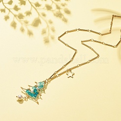 Christmas Tree Shell Pearl & Glass Braided Pendant Necklace with Bar Link Chains&nbsp;NJEW-TA00028