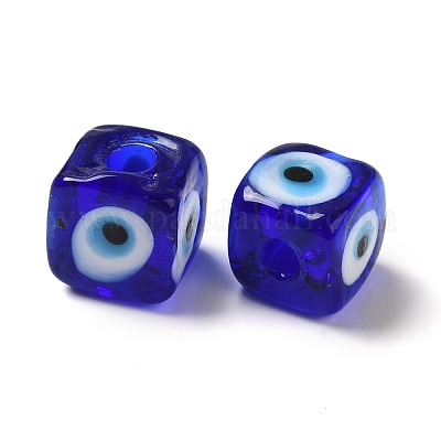 手作りランプワークビーズ  キューブ  ブルー  8.5~10x8.5~10.5x8~10.5mm  穴：4mm&nbsp;LAMP-B025-01A-07-1