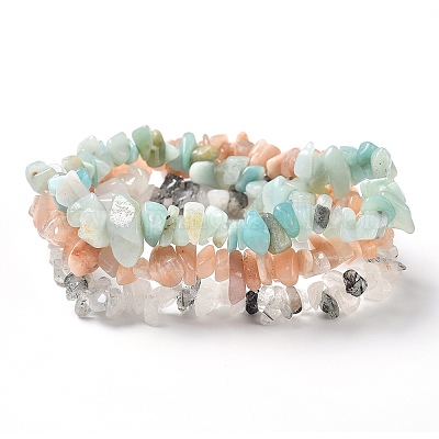 Chips Natural Rutilated Quartz & Flower Amazonite & Sunstone Beaded Stretch Bracelets Sets&nbsp;BJEW-JB05332-06-1