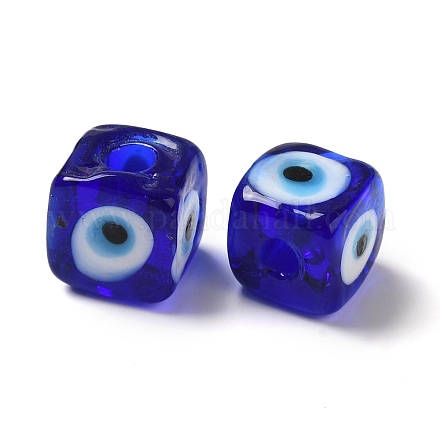 手作りランプワークビーズ  キューブ  ブルー  8.5~10x8.5~10.5x8~10.5mm  穴：4mm&nbsp;LAMP-B025-01A-07-1